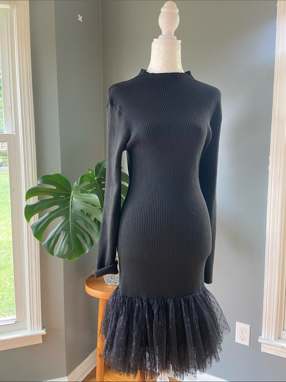 Flying Tomato Black Ribbed Dress with Tulle Hem